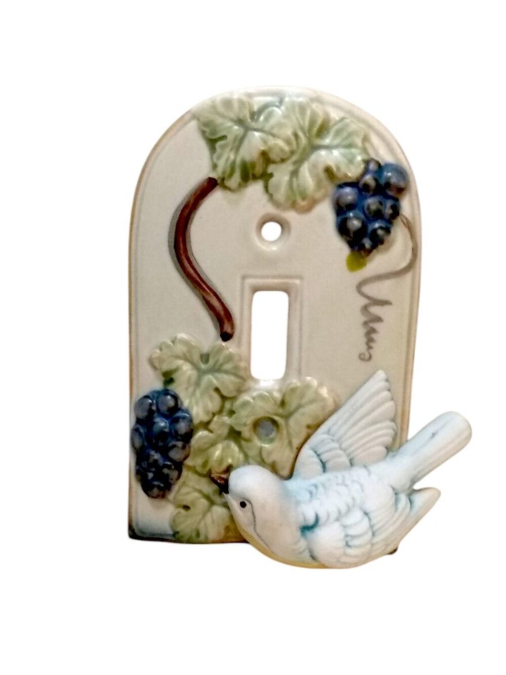 Vin. 70's Takahashi  Ceramic Single Light Switch Cover-3D Bird and Grape Vines